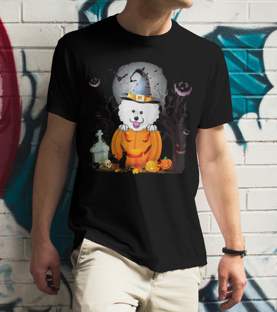 Bichon Frise Dog In Witch Hat With Halloween Pumpkin And Black Cat T-Shirt
