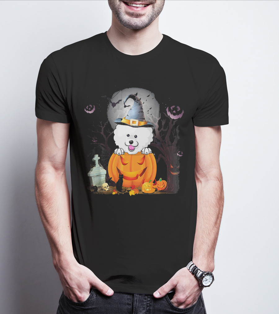 Bichon Frise Dog In Witch Hat With Halloween Pumpkin And Black Cat T-Shirt