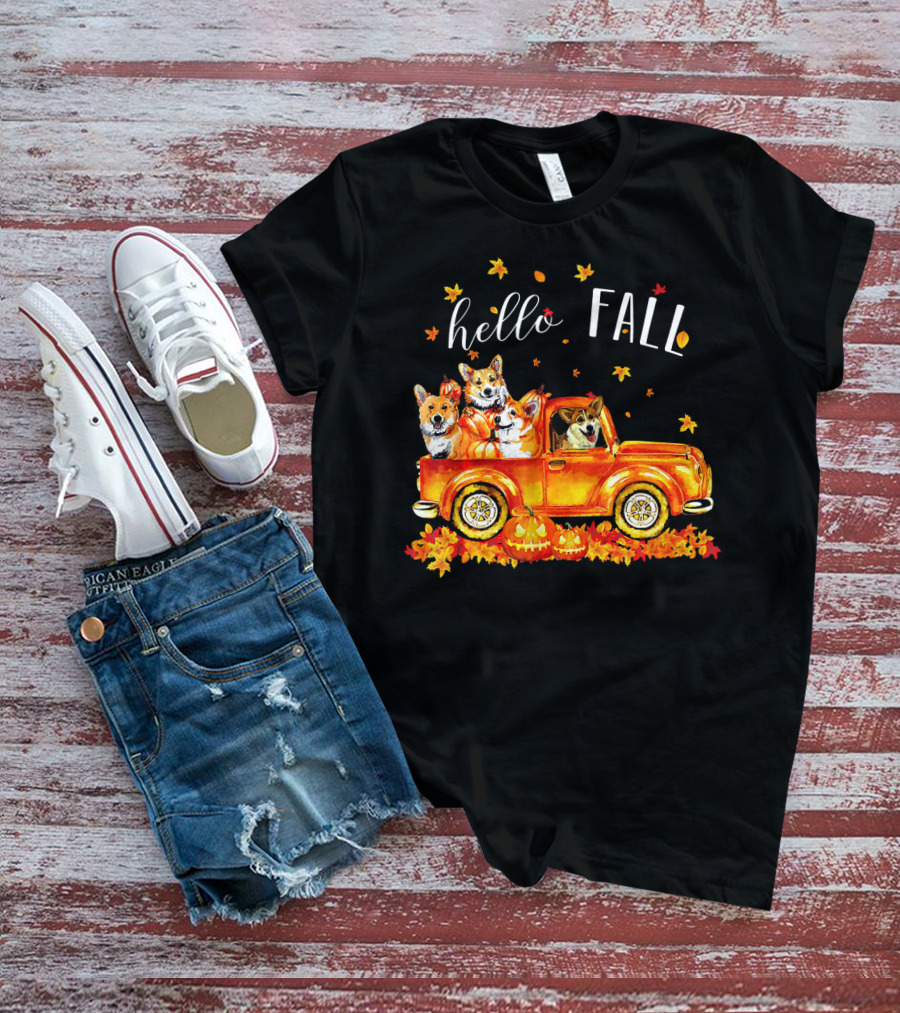 Hello Fall Corgis In Truck With Pumpkins And Leaves T-Shirt