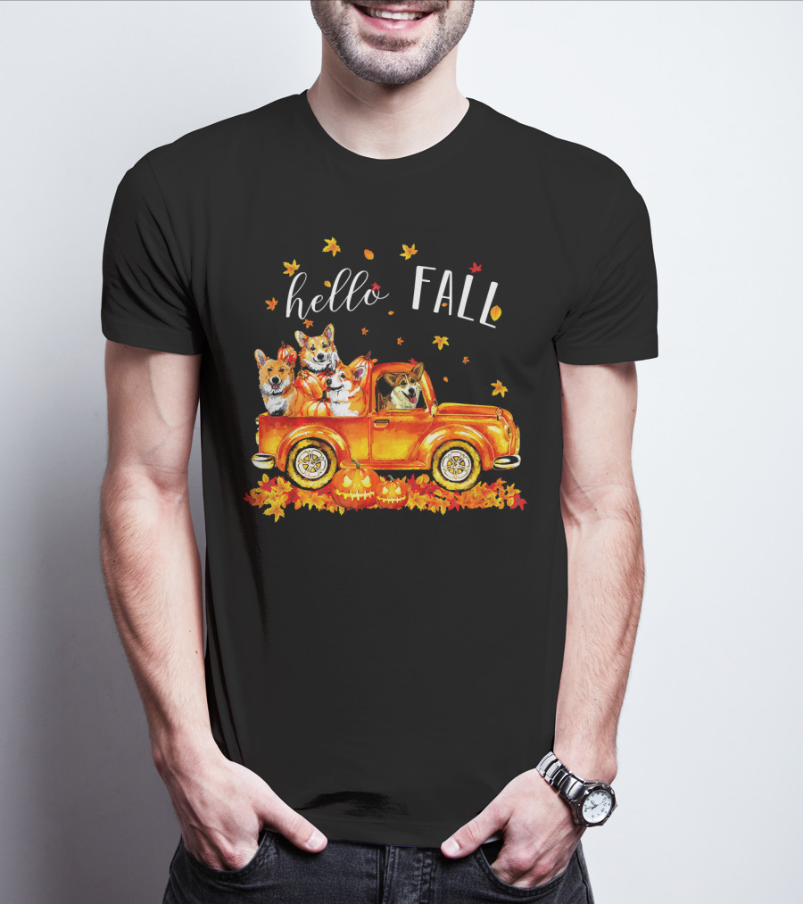 Hello Fall Corgis In Truck With Pumpkins And Leaves T-Shirt