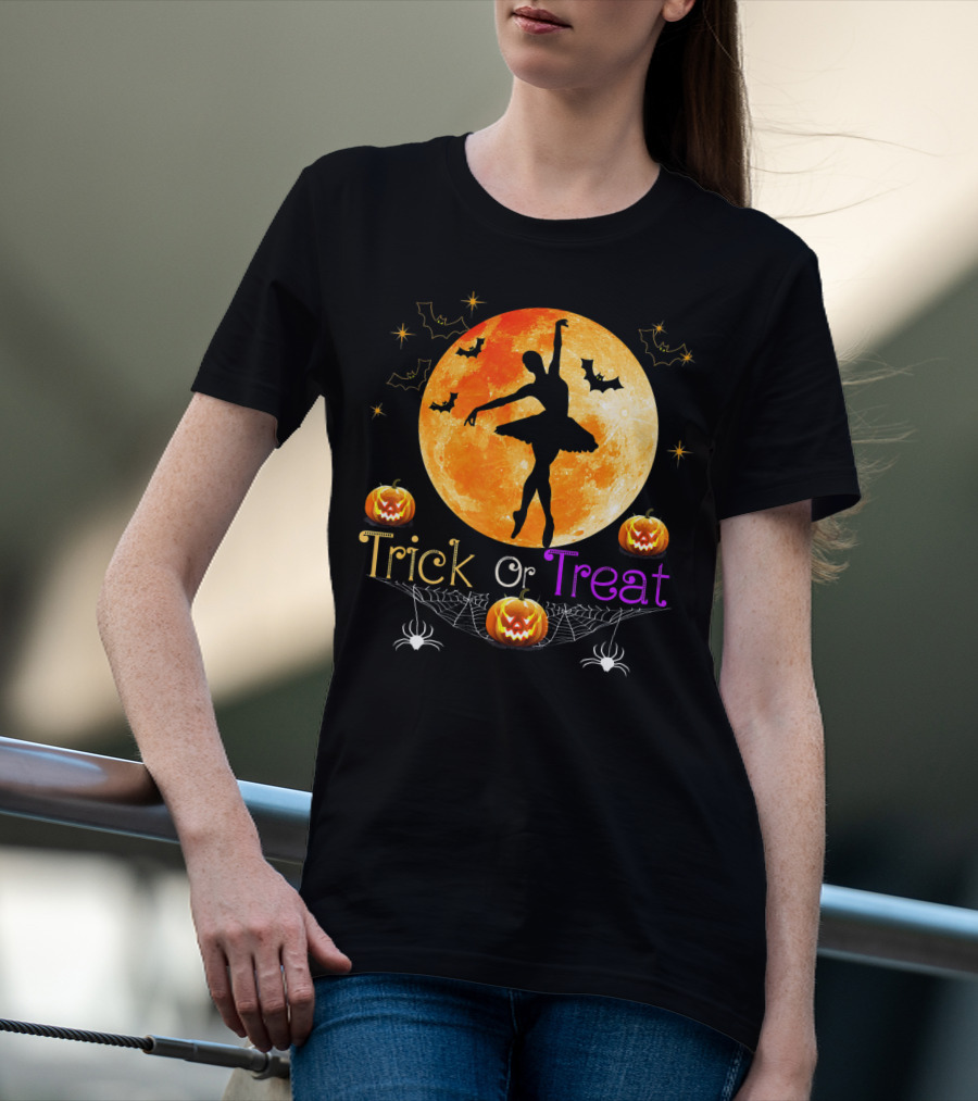 Trick Or Treat Ballerina Halloween Moon Pumpkins Bats Spiders T-Shirt