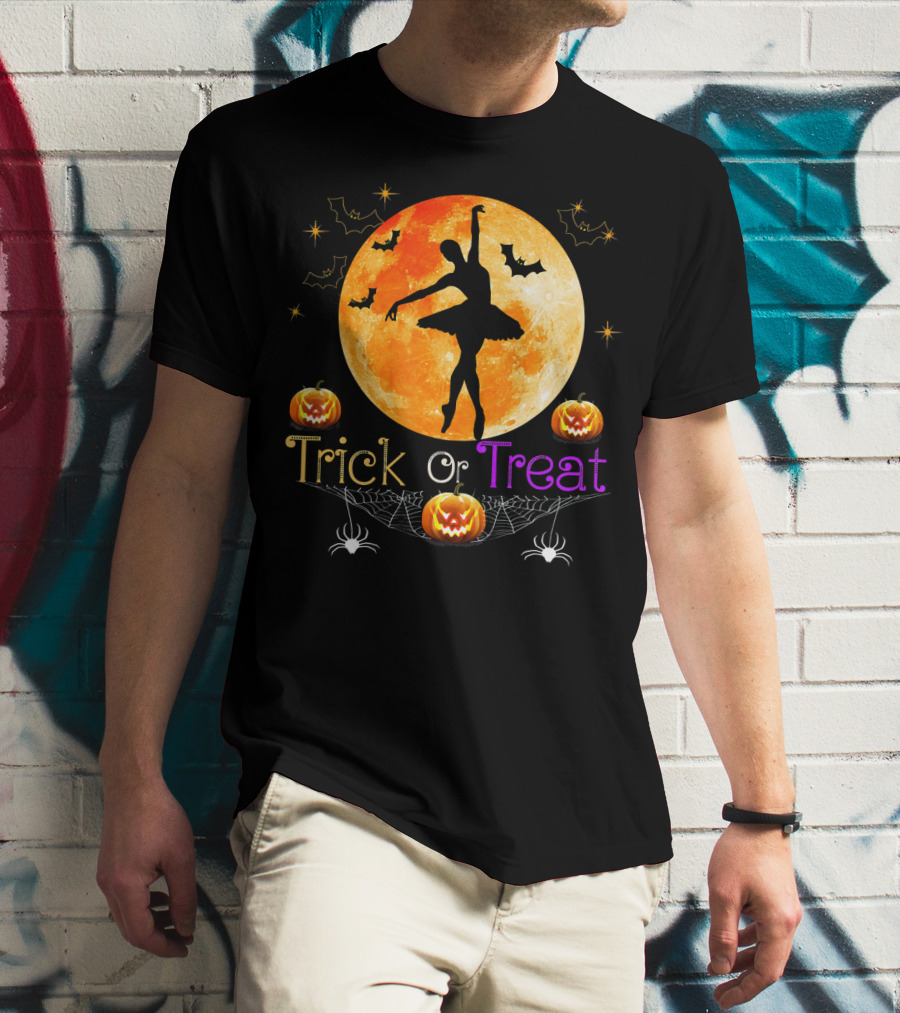 Trick Or Treat Ballerina Halloween Moon Pumpkins Bats Spiders T-Shirt