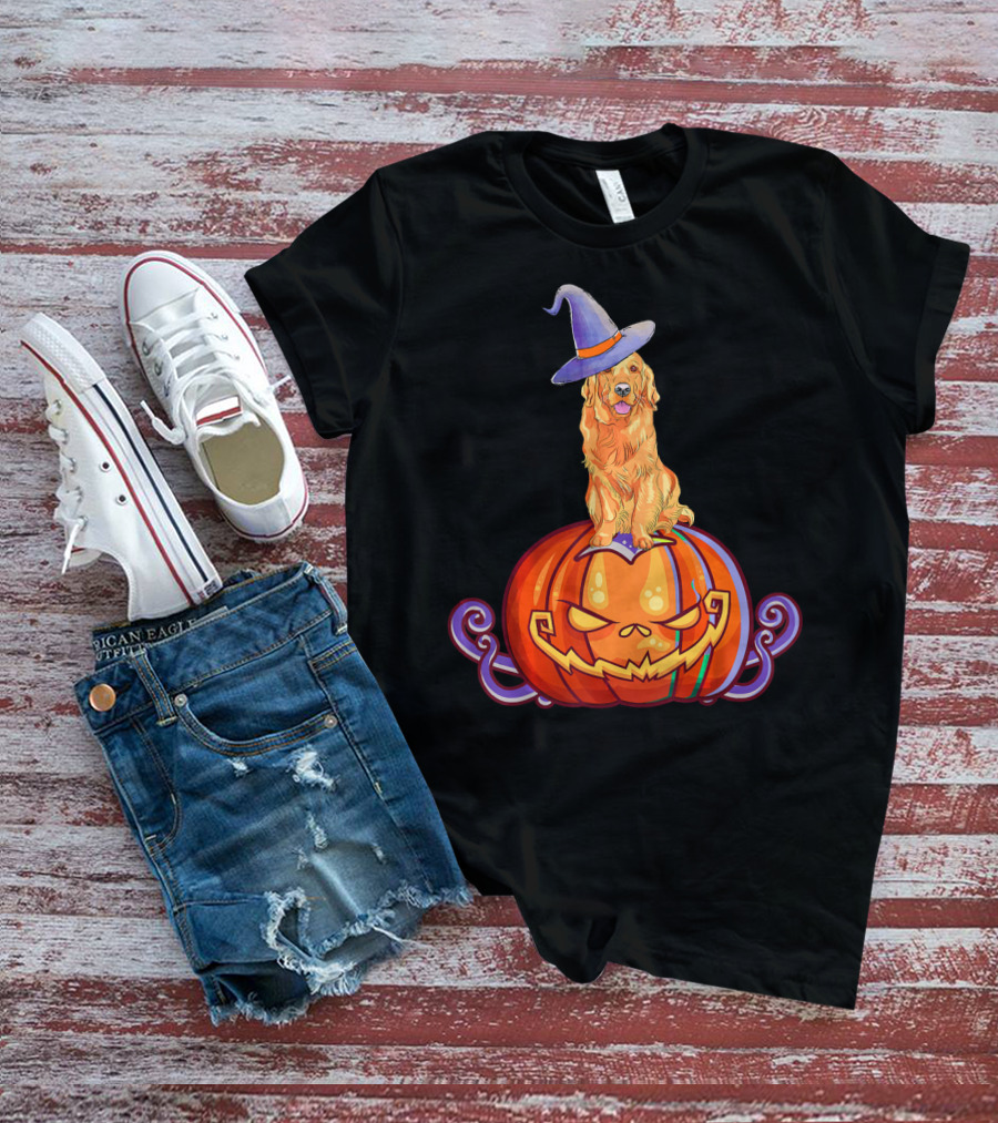 Golden Retriever Halloween Pumpkin Witch Hat T-Shirt