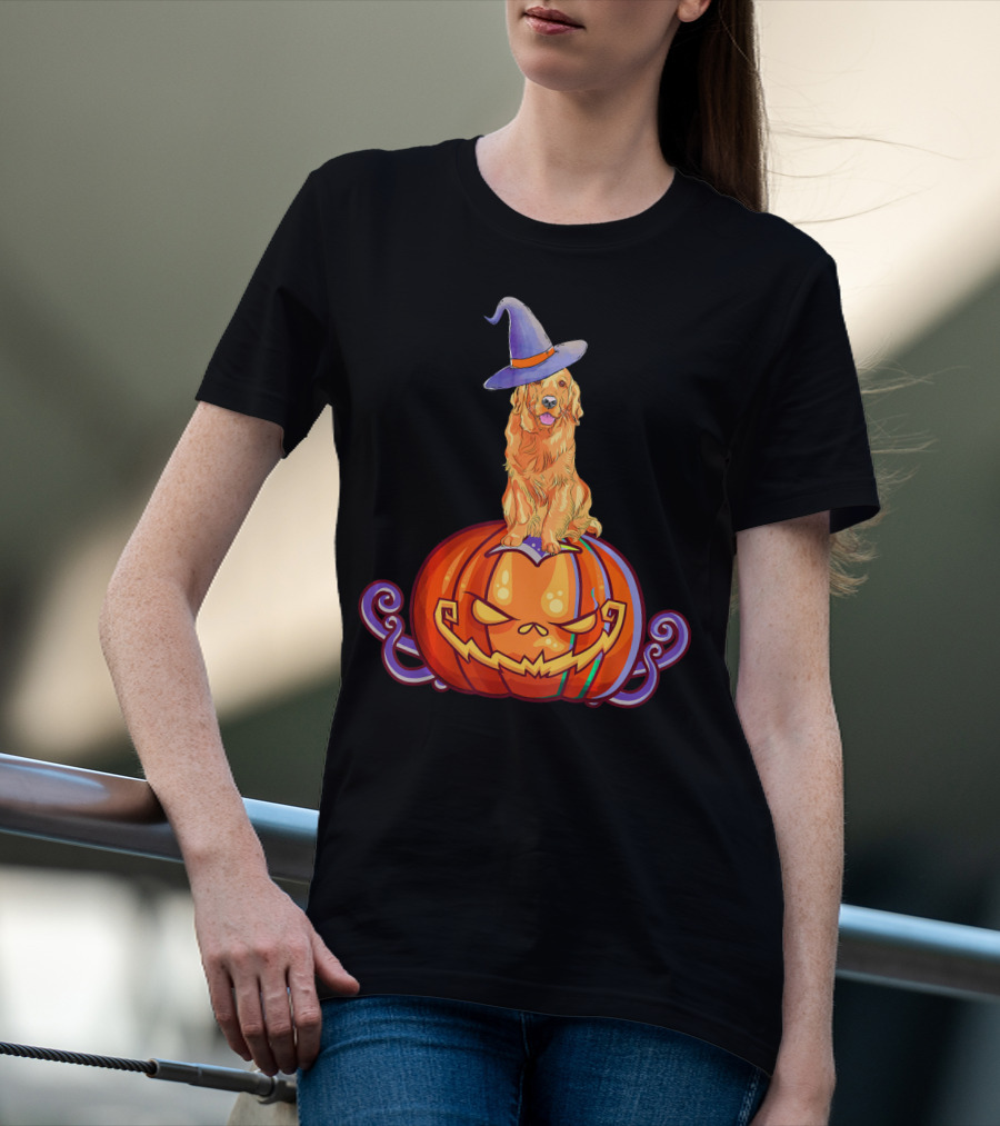 Golden Retriever Halloween Pumpkin Witch Hat T-Shirt