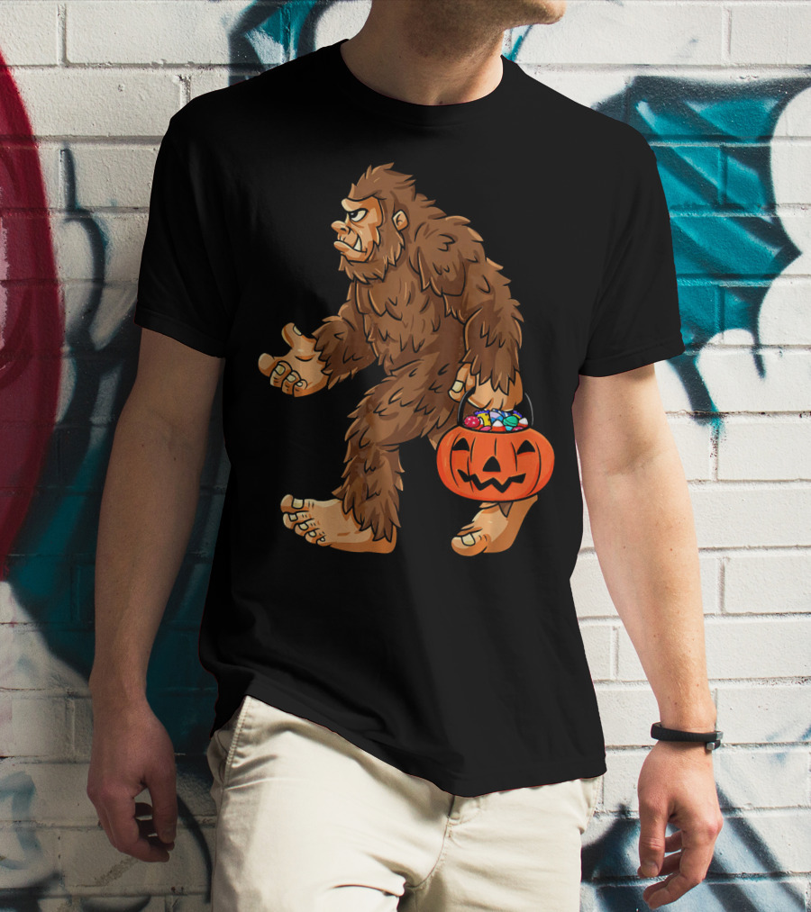 Bigfoot Carrying Jack O Lantern Halloween Candy T-Shirt