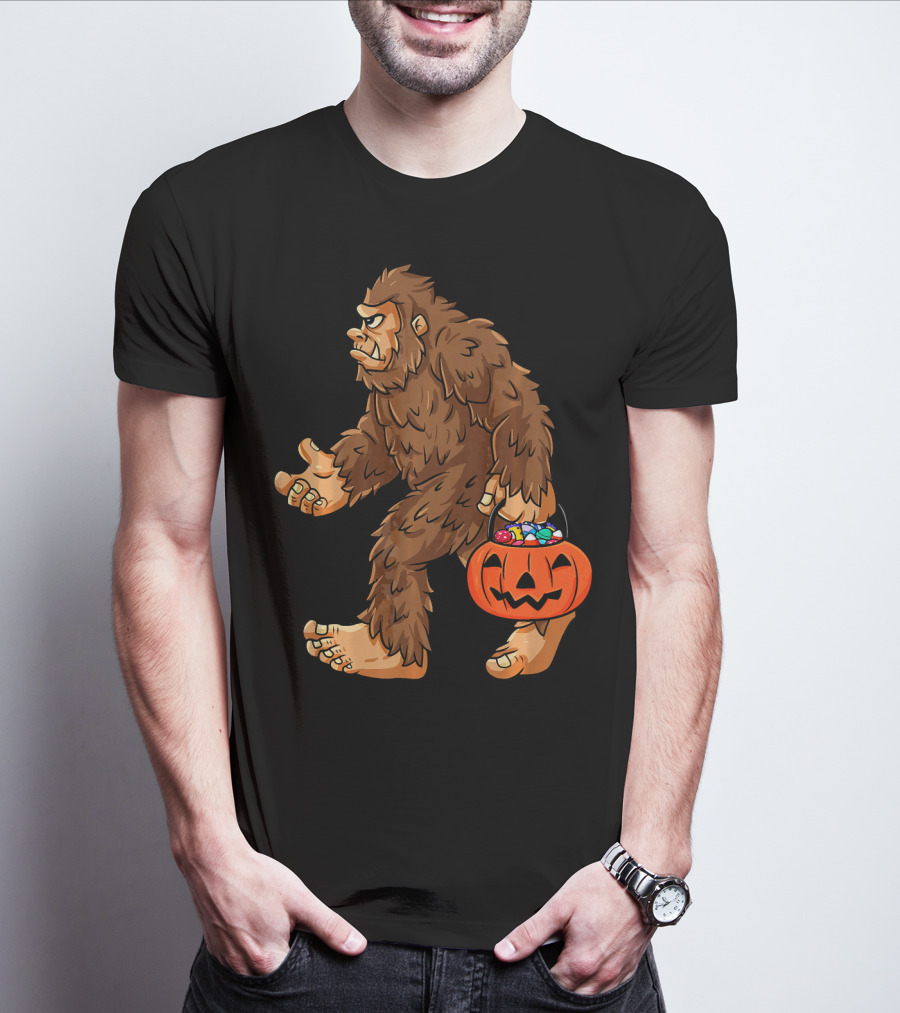 Bigfoot Carrying Jack O Lantern Halloween Candy T-Shirt