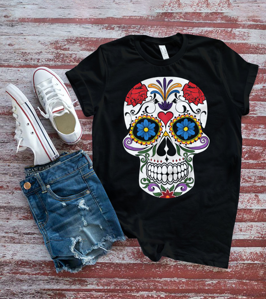Day Of Dead Sugar Skull With Roses And Flowers T-Shirt
