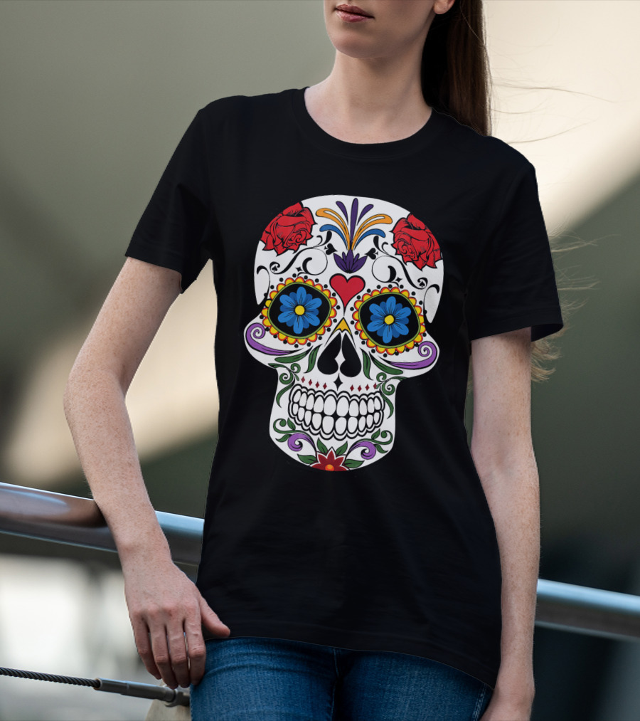 Day Of Dead Sugar Skull With Roses And Flowers T-Shirt