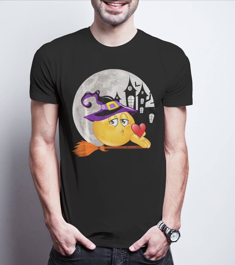 Kissing Face Emoji Witch Hat Broomstick With Heart In Front Of Spooky House And Full Moon T-Shirt