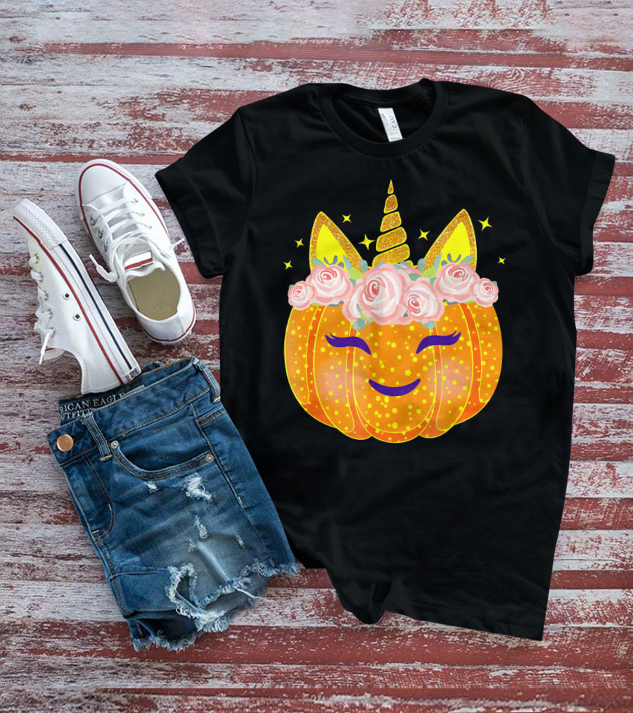 Smiling Unicorn Pumpkin With Flowers And Stars T-Shirt