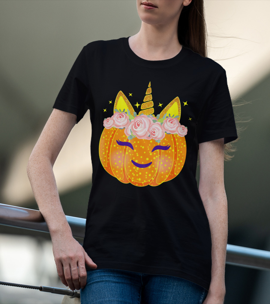 Smiling Unicorn Pumpkin With Flowers And Stars T-Shirt