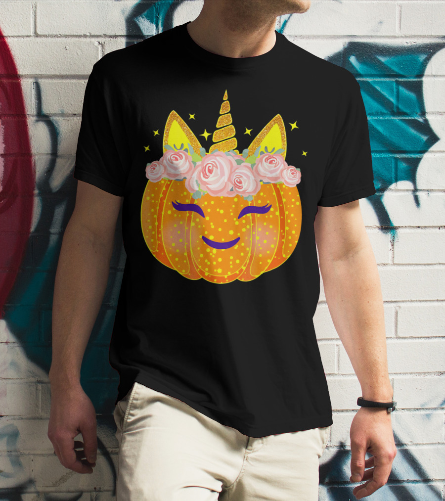 Smiling Unicorn Pumpkin With Flowers And Stars T-Shirt
