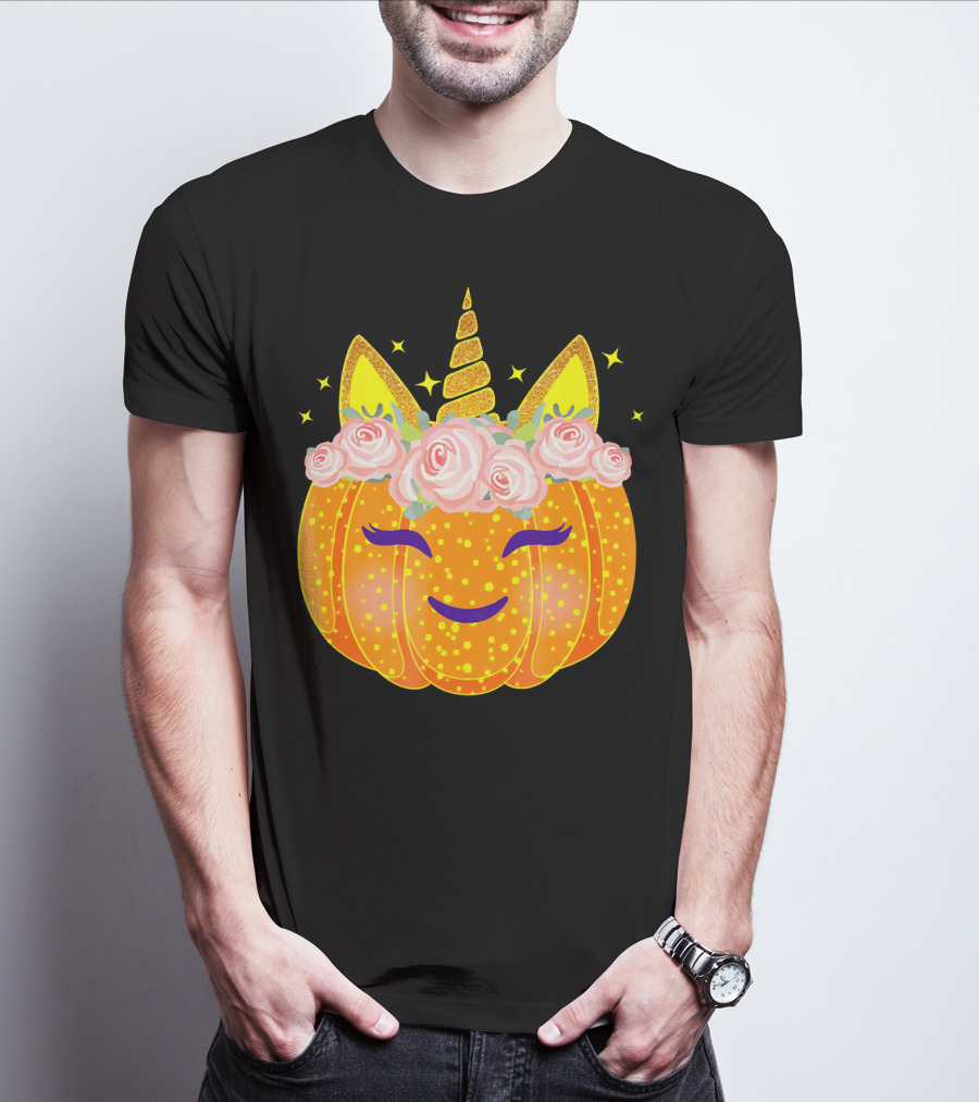 Smiling Unicorn Pumpkin With Flowers And Stars T-Shirt