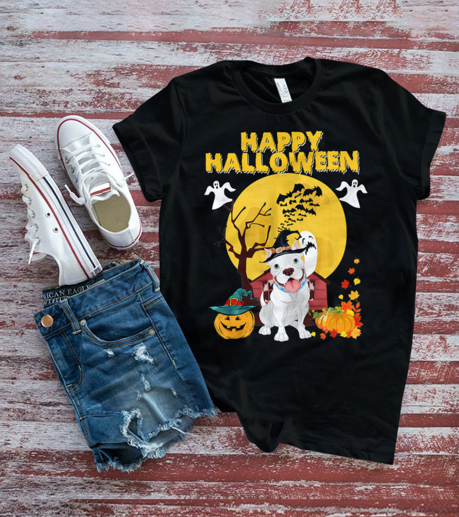 Happy Halloween Pumpkin Pitbull Dog Ghosts And Spooky Night T-Shirt