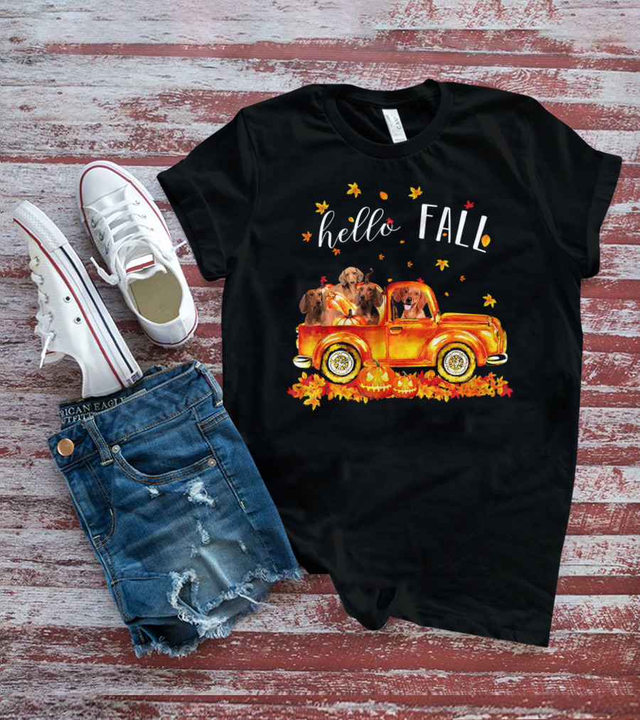 Hello Fall Dachshund Pumpkins Leaves Truck T-Shirt