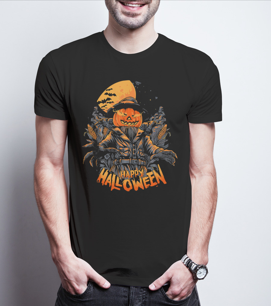 Happy Halloween Pumpkin Horror Moonlit Scarecrow Cornfield T-Shirt