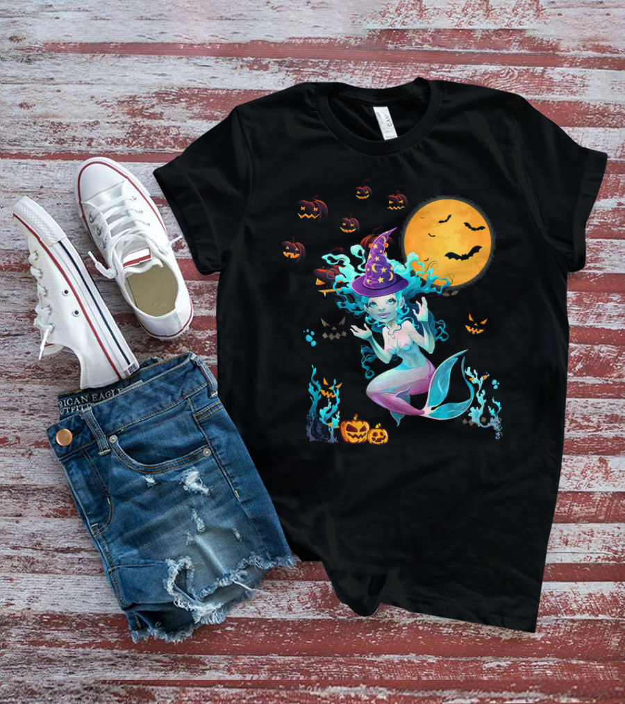 Halloween Mermaid Witch With Pumpkin Lanterns And Moon T-Shirt