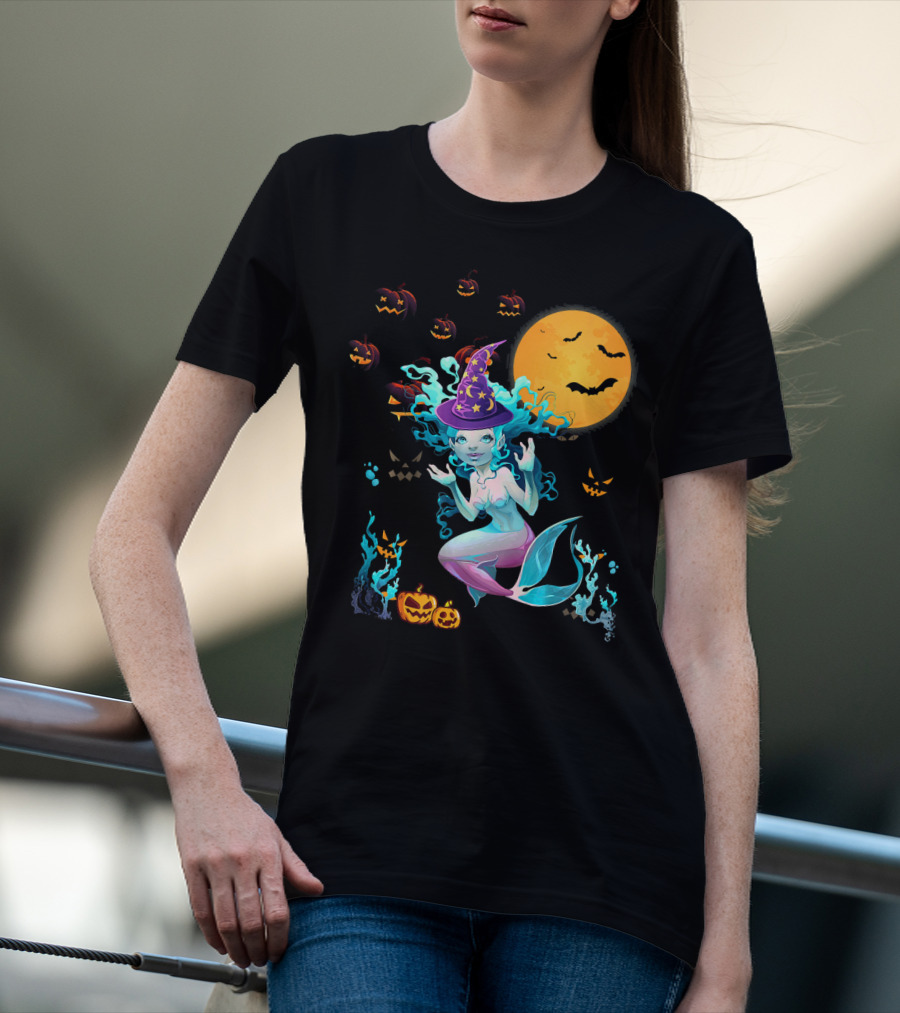 Halloween Mermaid Witch With Pumpkin Lanterns And Moon T-Shirt