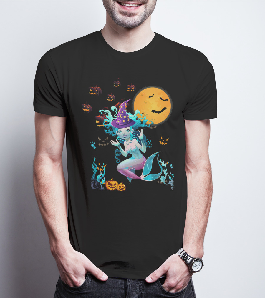Halloween Mermaid Witch With Pumpkin Lanterns And Moon T-Shirt