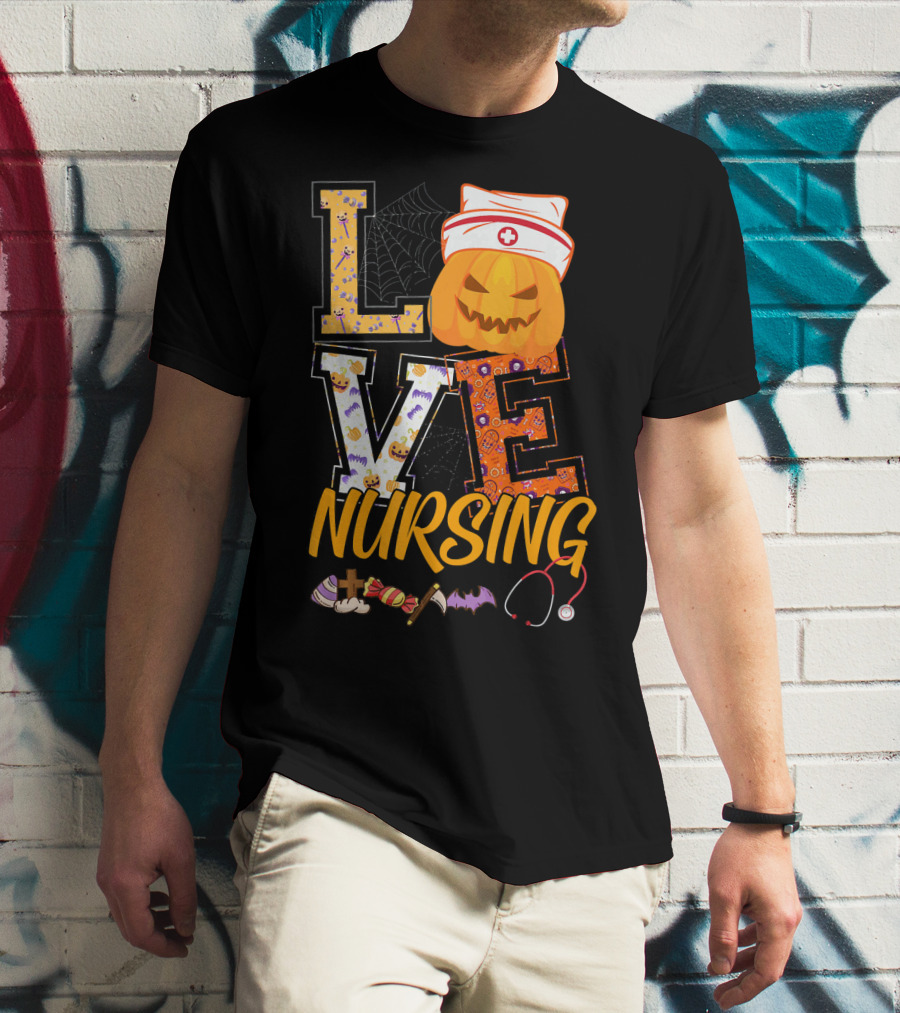 LOVE Nursing Pumpkin Halloween Nurse Stethoscope Spider Web Bat Candy T-Shirt