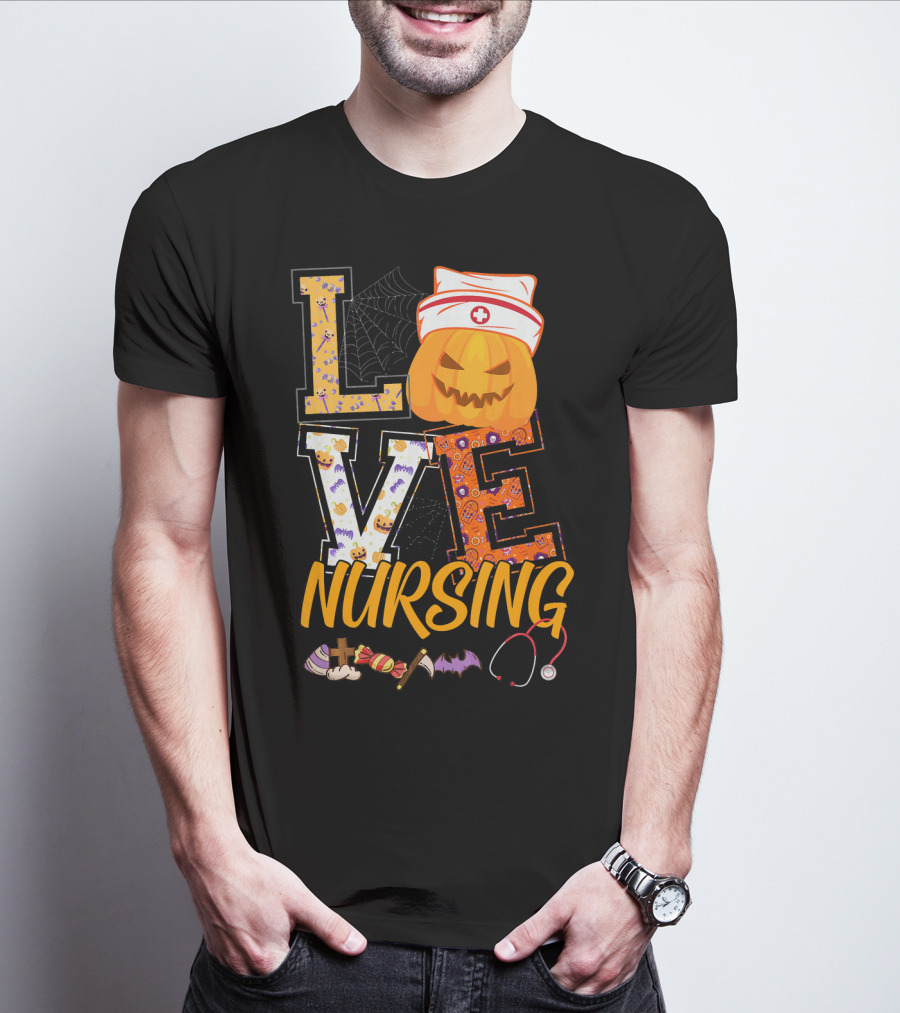 LOVE Nursing Pumpkin Halloween Nurse Stethoscope Spider Web Bat Candy T-Shirt
