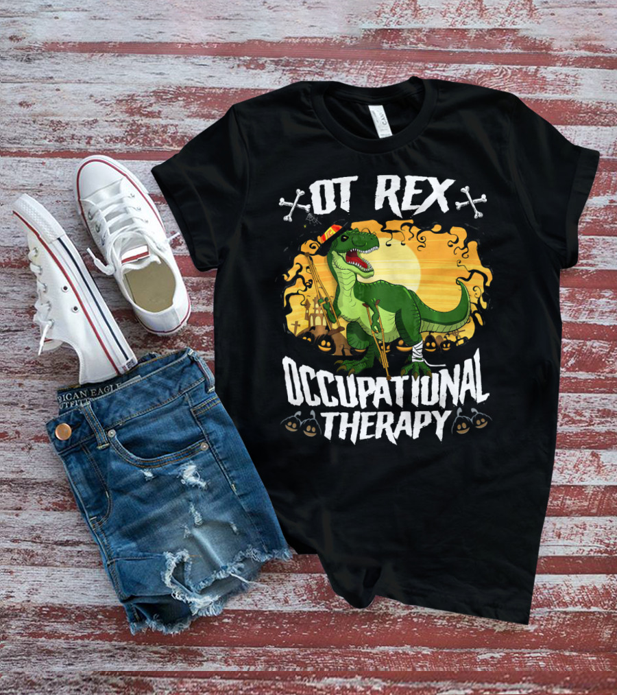 OT Rex Occupational Therapy Halloween Dinosaur With Crutches And Bandages T-Shirt