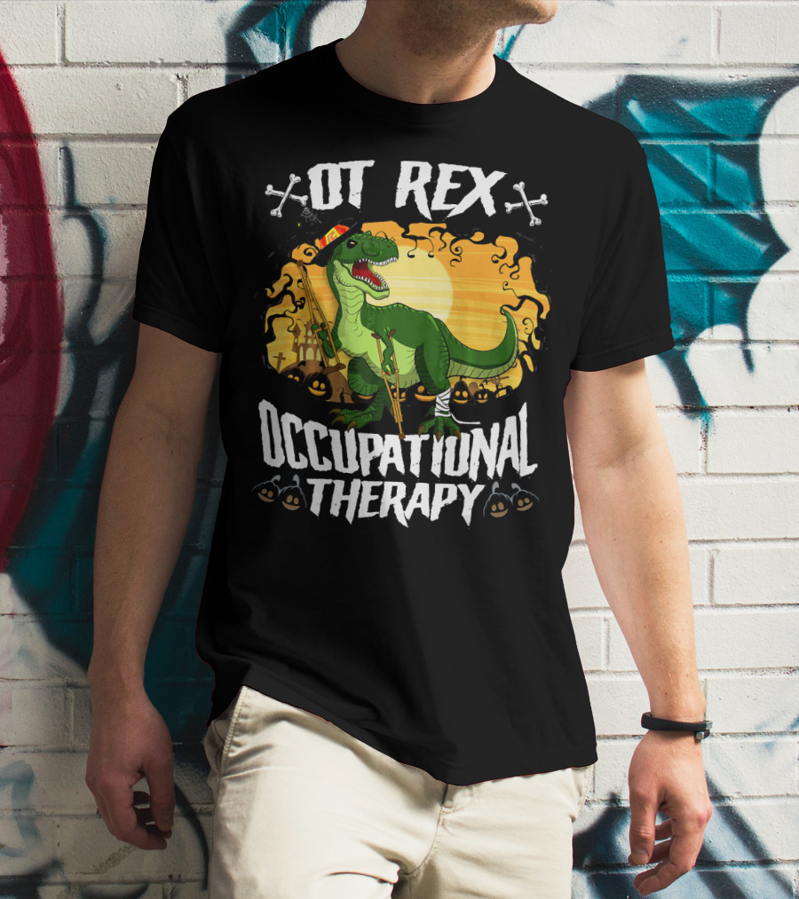 OT Rex Occupational Therapy Halloween Dinosaur With Crutches And Bandages T-Shirt