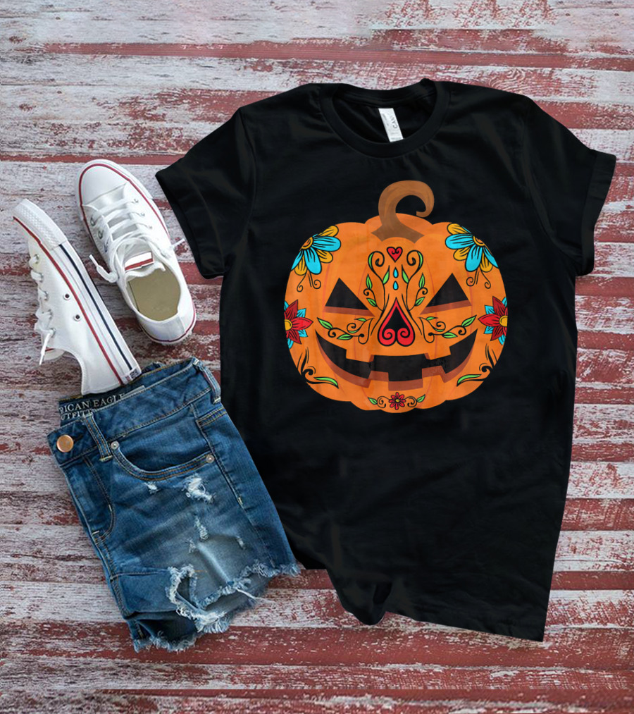 Pumpkin Sugar Skull Halloween Jack-O'-Lantern Floral T-Shirt