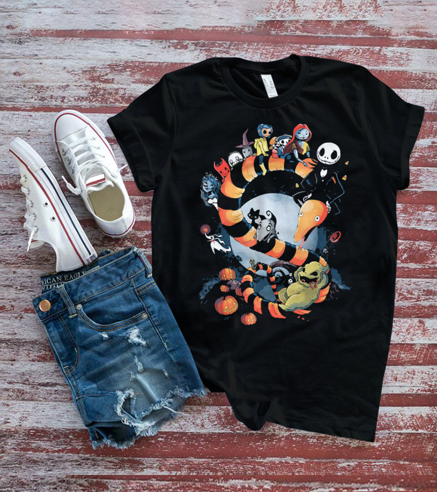 Nightmare Before Christmas Characters Riding Sandworm In Moonlit Halloween Scene T-Shirt