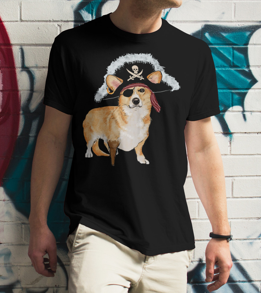 Funny Pirate Corgi Halloween Dog Lovers Skull Eyepatch Hat T-Shirt