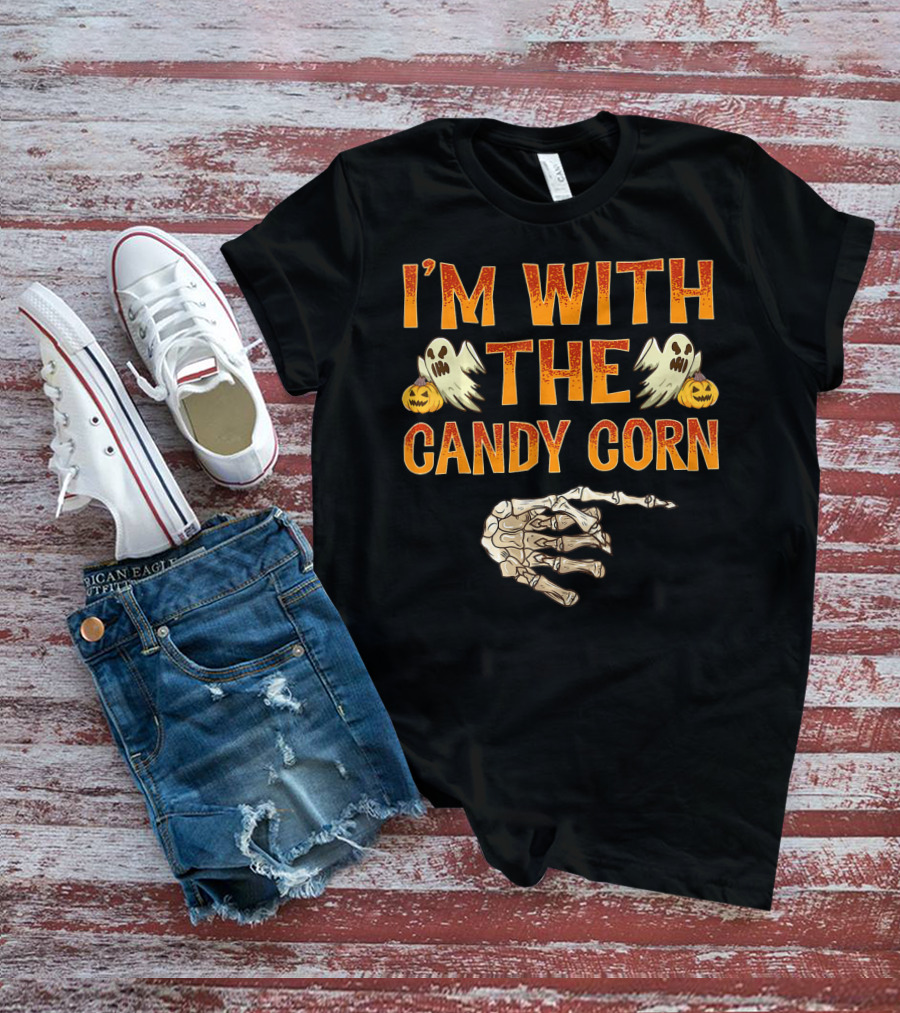 I'm With The Candy Corn Halloween Skeleton Hand Ghosts Pumpkins T-Shirt