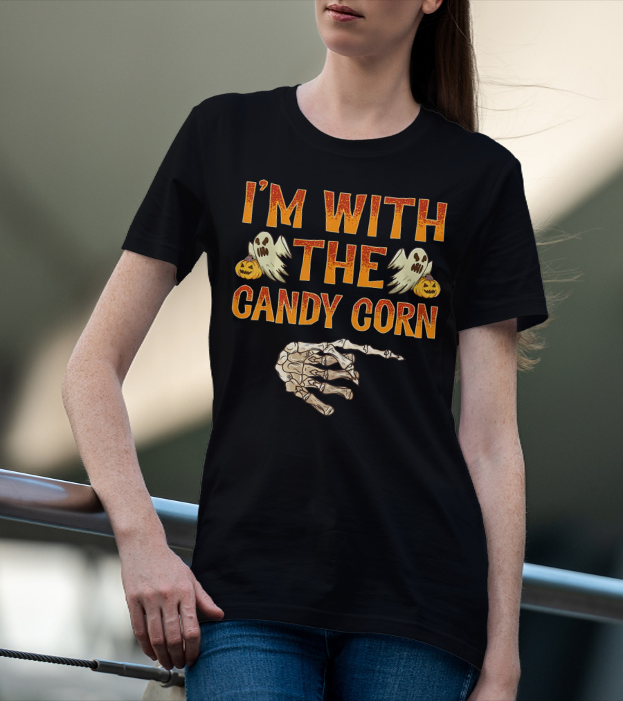 I'm With The Candy Corn Halloween Skeleton Hand Ghosts Pumpkins T-Shirt
