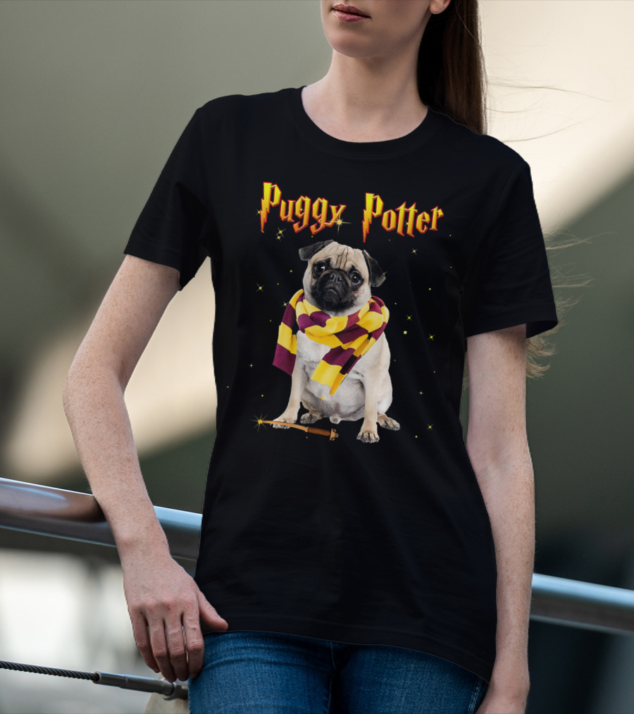 Puggy Potter Magic Wizard Pug With Scarf And Wand T-Shirt