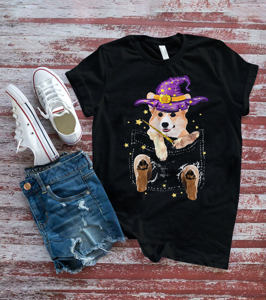 Corgi Witch Hat Starry Pocket Magic Wand Corgi T-Shirt