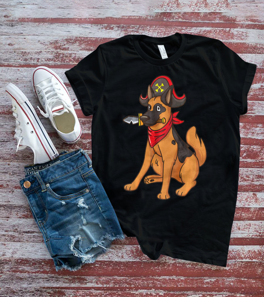 Pirate German Shepherd With Red Bandana And Hat For Halloween T-Shirt