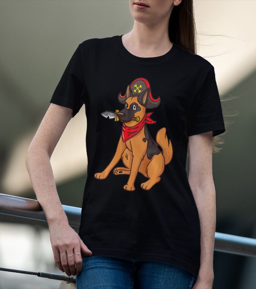 Pirate German Shepherd With Red Bandana And Hat For Halloween T-Shirt