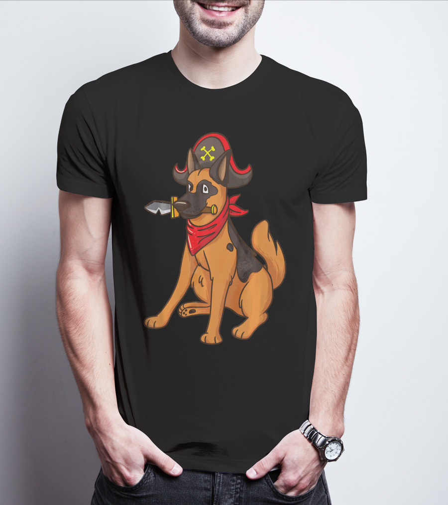Pirate German Shepherd With Red Bandana And Hat For Halloween T-Shirt