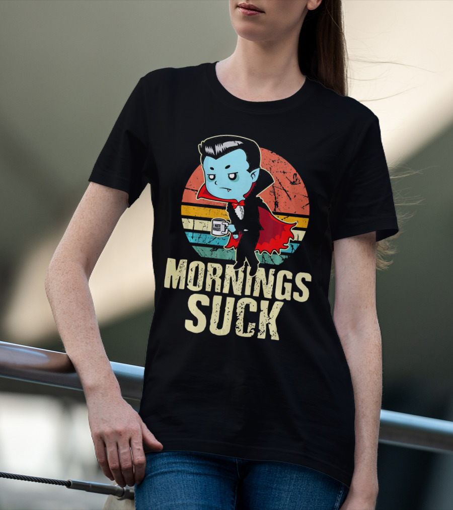 Mornings Suck Cute Funny Vampire With I Hate Mornings Coffee Cup T-Shirt