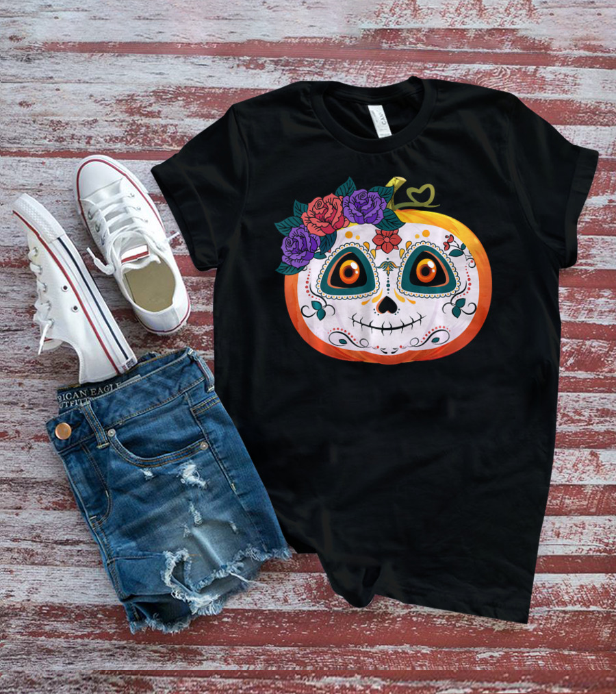 Pumpkin Floral Sugar Skull Jack O Lantern With Flowers T-Shirt