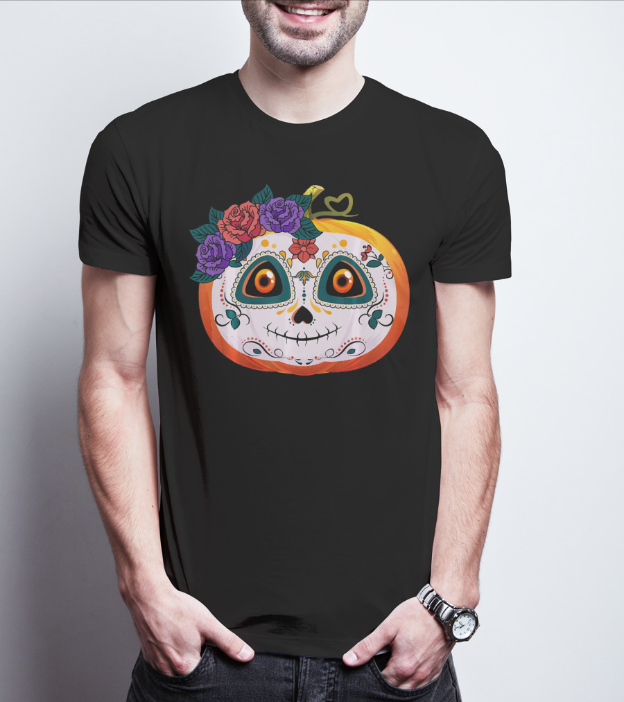 Pumpkin Floral Sugar Skull Jack O Lantern With Flowers T-Shirt