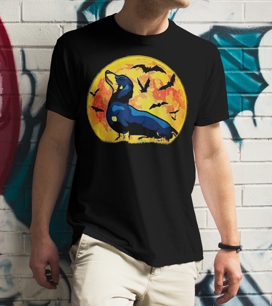 Dachshund Halloween Moon With Flying Bats T-Shirt