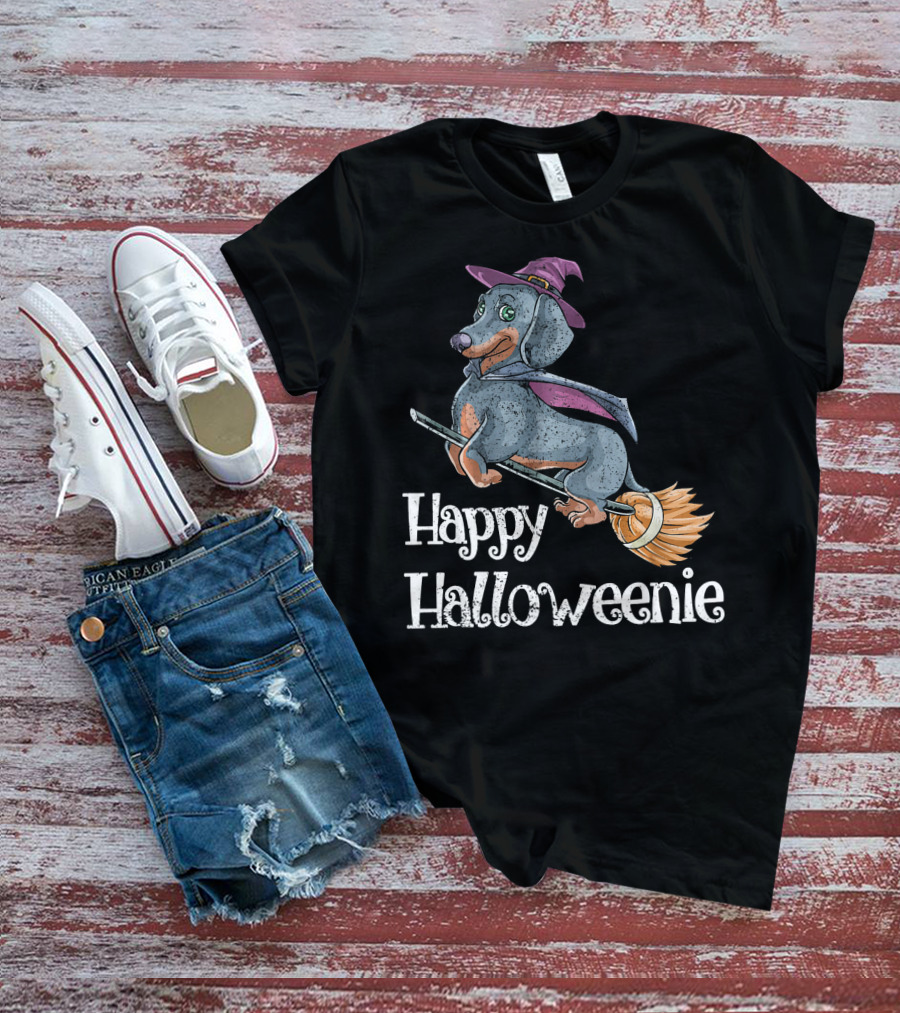 Happy Halloweenie Dachshund Witch Riding Broomstick T-Shirt