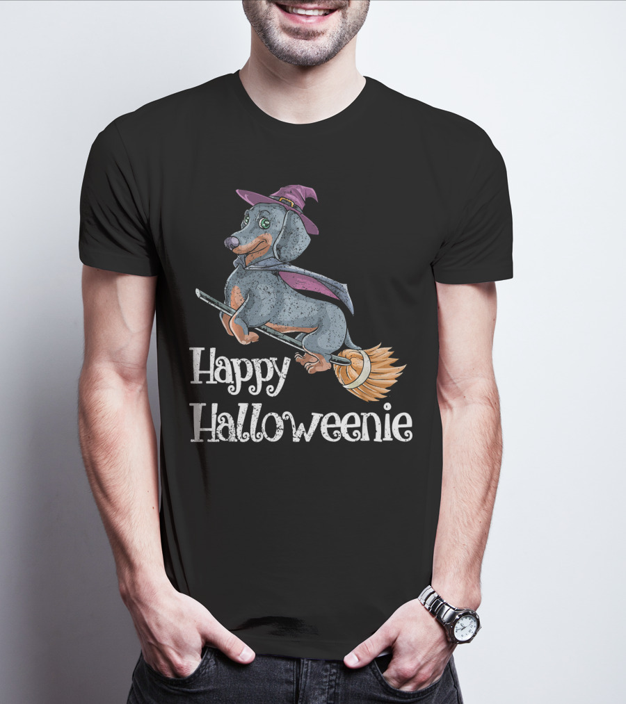 Happy Halloweenie Dachshund Witch Riding Broomstick T-Shirt