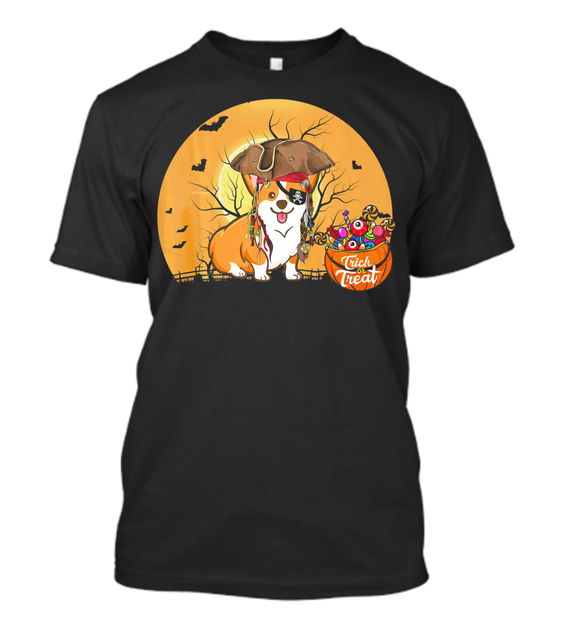 Trick Or Treat Pirate Corgi Halloween Scene With Candy Bowl And Bats T-Shirt