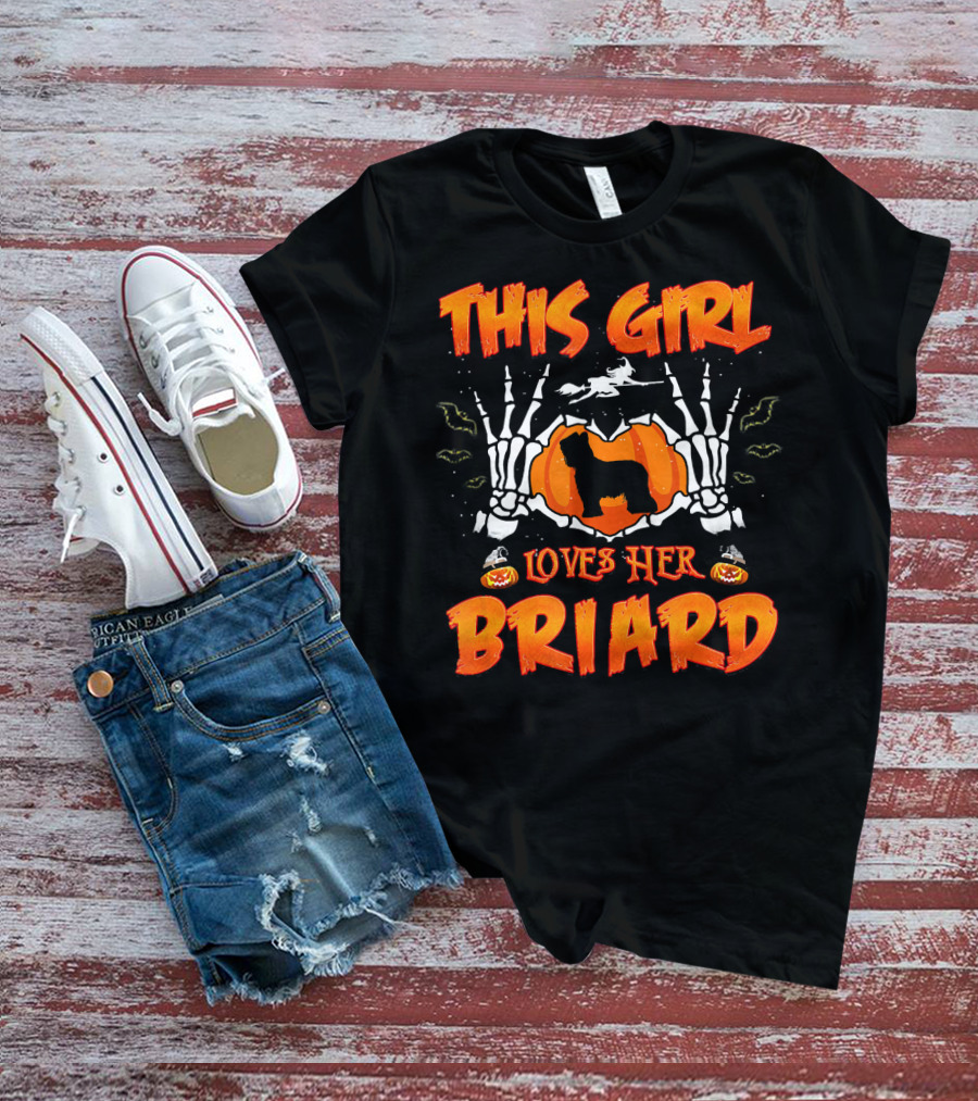 This Girl Loves Her Briard Dog Halloween Skeleton Pumpkin T-Shirt