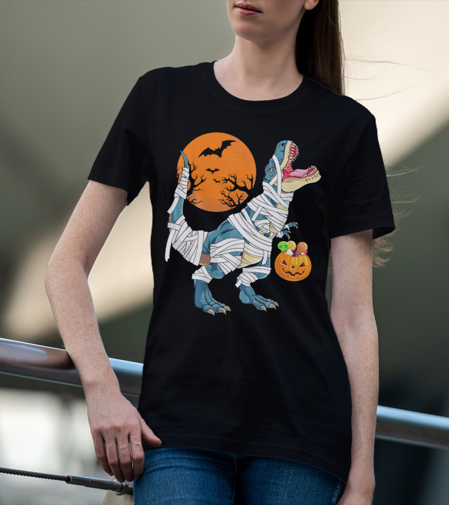 Halloween Dino Girls Kids Mummy Dinosaur Bats Pumpkin Moon T-Shirt