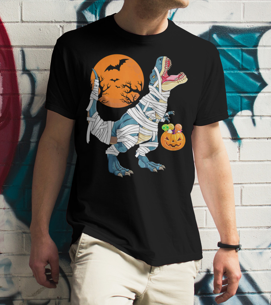 Halloween Dino Girls Kids Mummy Dinosaur Bats Pumpkin Moon T-Shirt