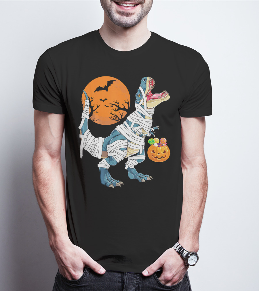 Halloween Dino Girls Kids Mummy Dinosaur Bats Pumpkin Moon T-Shirt