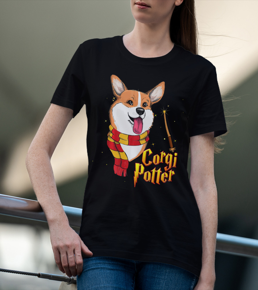 Corgi Potter Cute Harry Pawter Dog With Scarf And Wand T-Shirt