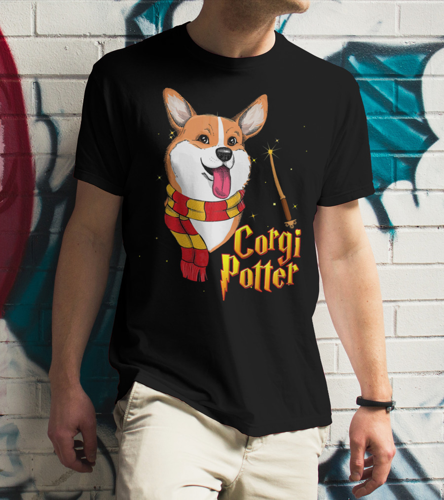 Corgi Potter Cute Harry Pawter Dog With Scarf And Wand T-Shirt